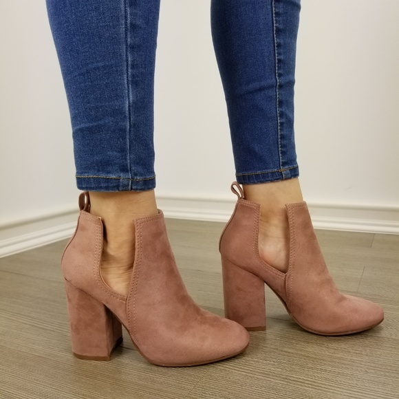 Shoes - Vegan Suede Mauve Cute Ankle Boots Open Sides-EE